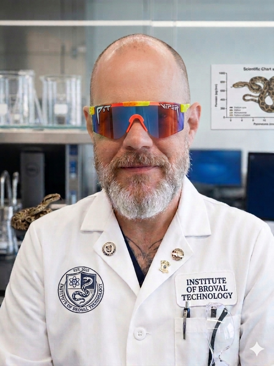 Magnus, M.D. in a lab coat and wraparound sunglasses in the Broval Office laboratory.