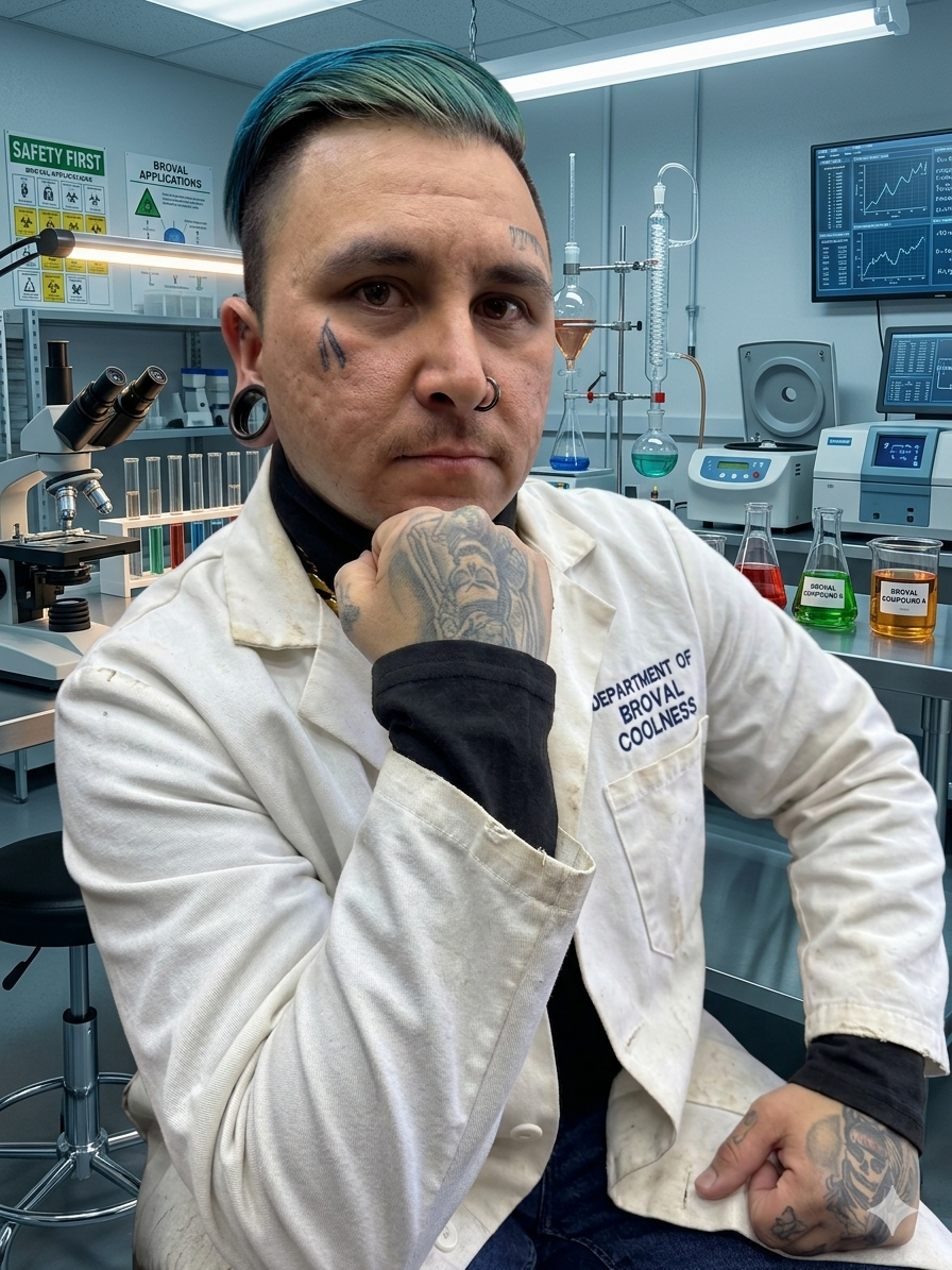 Dr. Sickboy in a lab coat studying the room with maximum Broval seriousness.