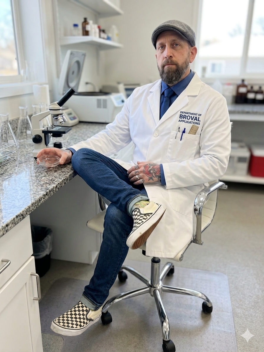 Dr. Trotsman Chenette seated in a lab coat beside a microscope in the Broval Office laboratory.